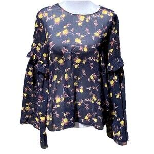 LUSH Womens Size Medium Floral Print Blouse Top Navy Blue Whimsical Fairycore